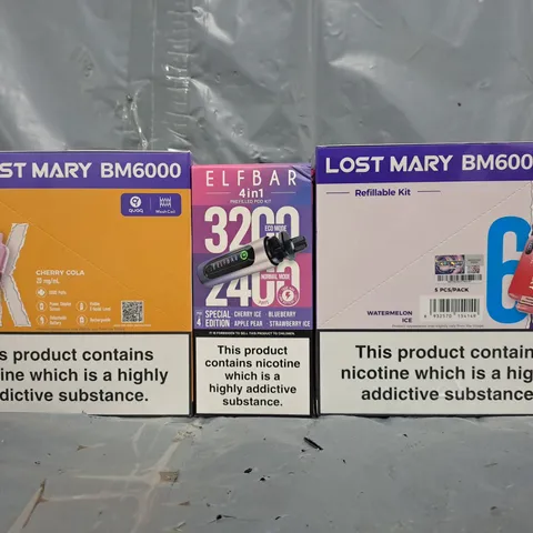 APPROXIMATELY 10 ASSORTED E-CIGARETTE AND VAPE ITEMS TO INCLUDE LOST MARY, ELFBAR, ETC