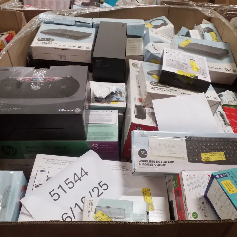 PALLET CONTAINING ASSORTED ELECTRICAL PRODUCTS INCLUDING CANON PIXMA TS3350 PRINTER, KEYBOARDS, HDMI DVD PLAYER WITH REMOTE, GAMING HEADSET & BLUETOOTH CD BOOMBOX 
