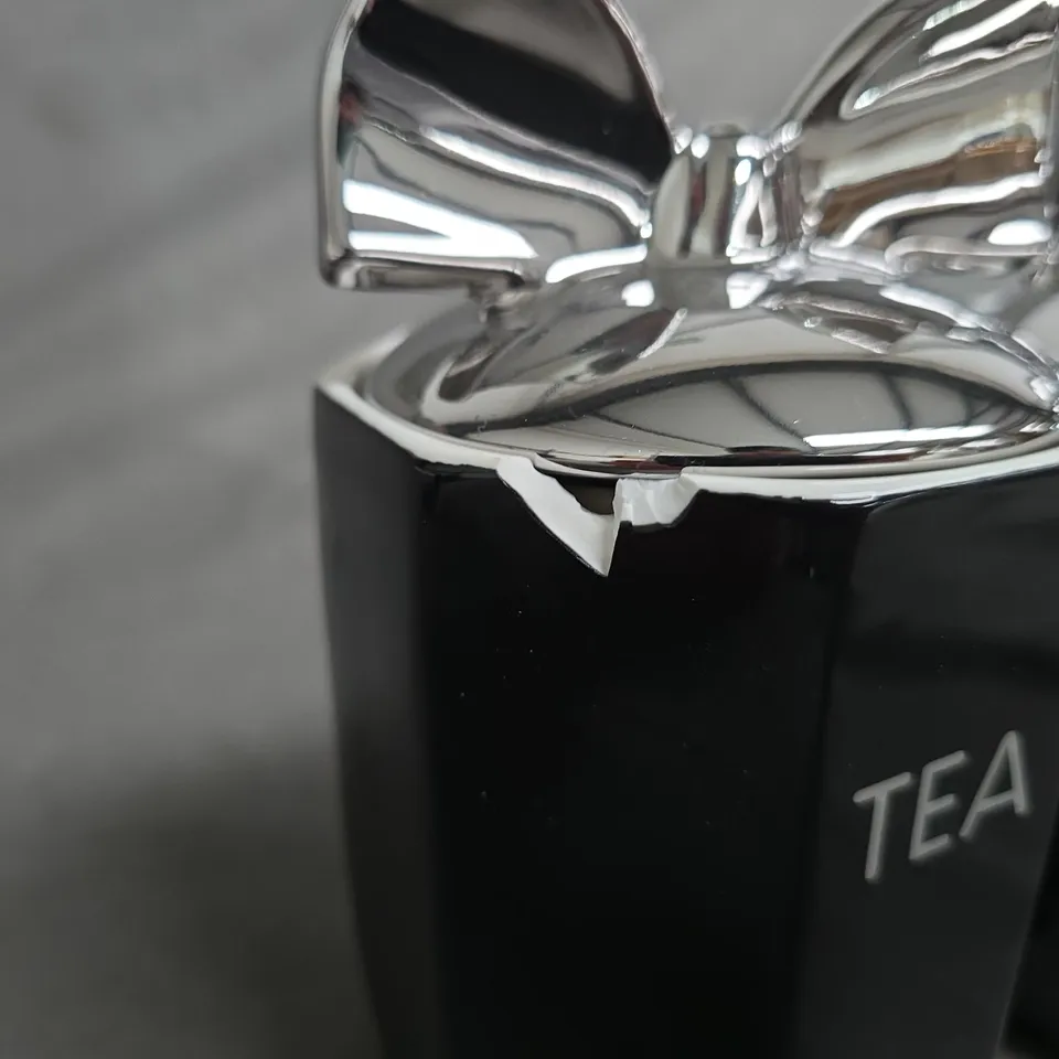 TEA, COFFEE & SUGAR CANISTERS SET – BLACK CERAMIC WITH SILVER BOW LIDS (3)