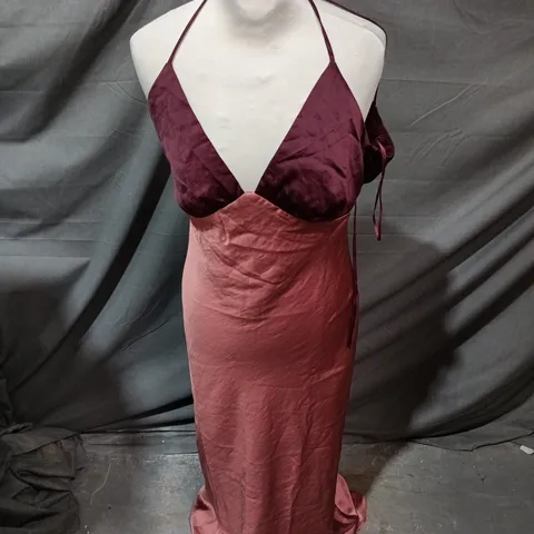 ABERCROMBIE & FITCH SATIN EVENING DRESS – HALTER NECK, PINK/MAUVE, UK SIZE ST