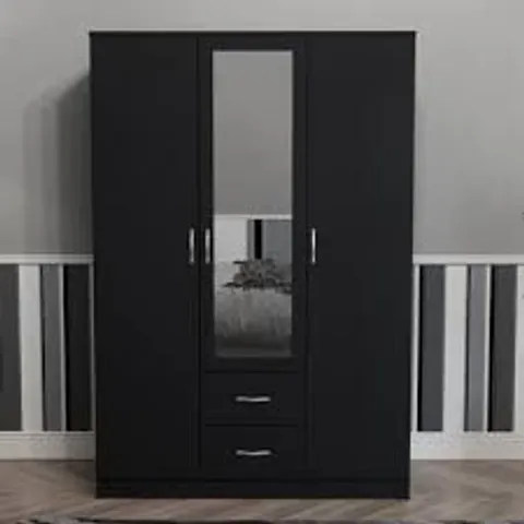 BOXED MAYBERY 3 DOOR 2 DRAWER MIRRORED WARDROBE, WITH SHELF & HANGING RAIL - BLACK (3 BOXES)