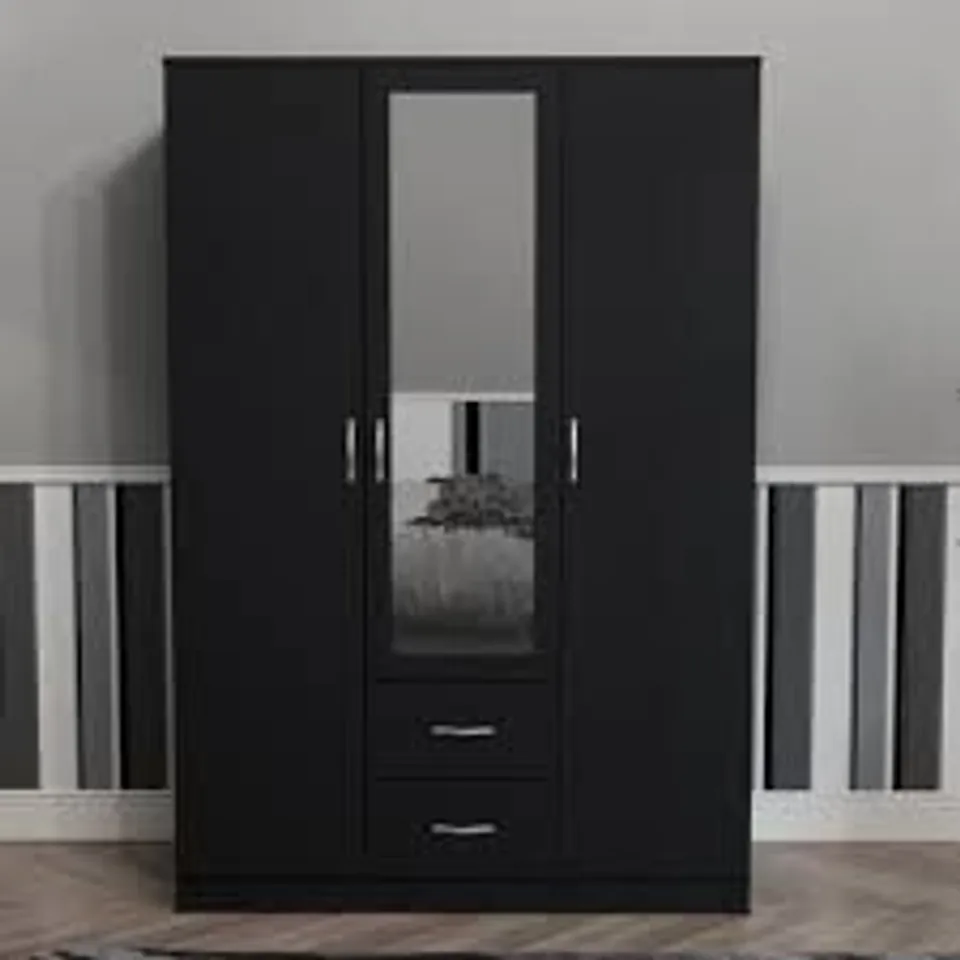 BOXED MAYBERY 3 DOOR 2 DRAWER MIRRORED WARDROBE, WITH SHELF & HANGING RAIL - BLACK (3 BOXES)