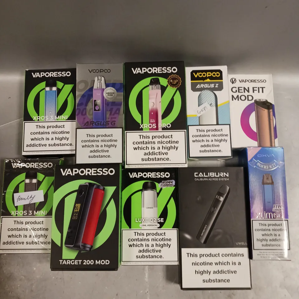 APPROXIMATELY 20 ASSORTED E-CIGARETTE PRODUCTS TO INCLUDE CALIBURN, VAPORESSO, VOOPOO ETC 