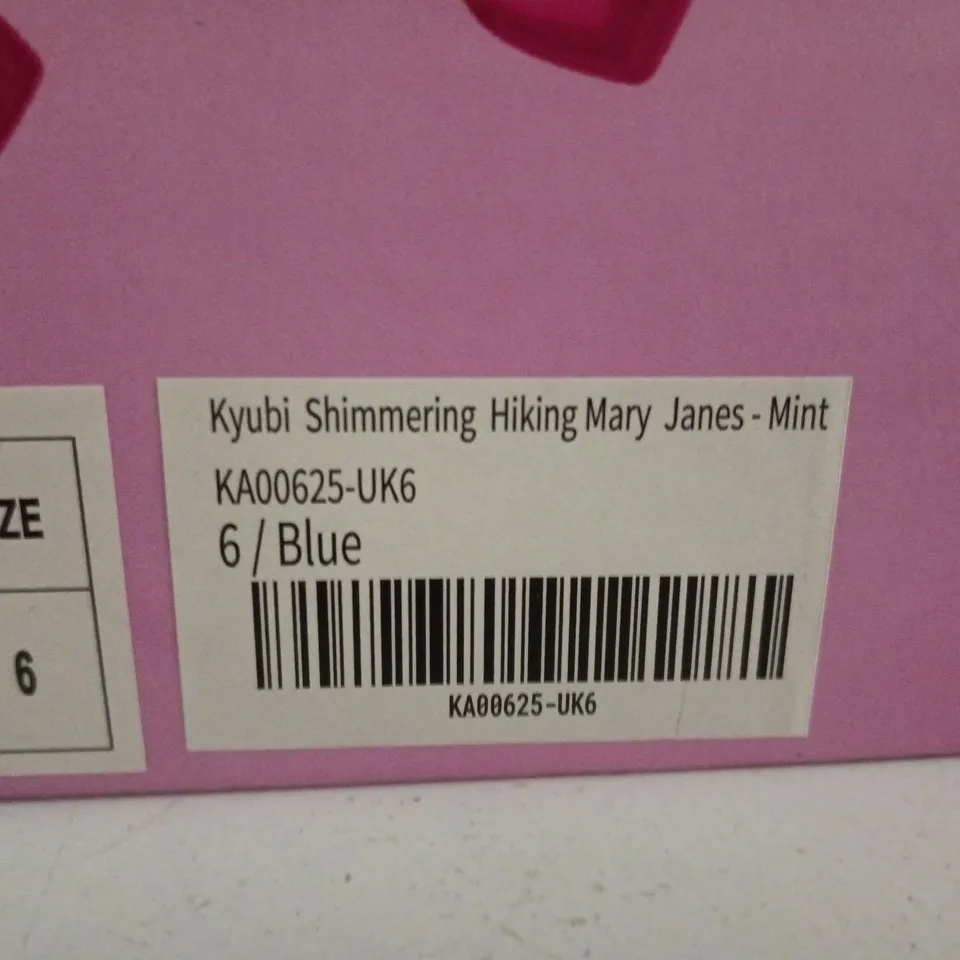 BOXED PAIR OF KOI KYUBI SHIMMERING HIKING MARY JANES – MINT/BLUE, UK SIZE 6