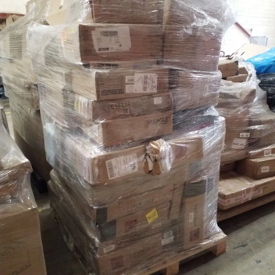 PALLET CONTAINING ASSORTED PRODUCTS INCLUDING BEDSIDE TABLE, TRASH CAN, STORAGE SHELF & CORNER BRAKETS