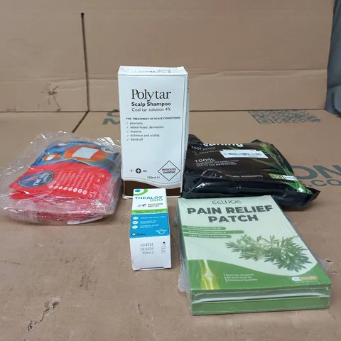 TOTE OF APPROXIMATELY 15 ASSORTED ITEMS TO INCLUDE SCALP SHAMPOO, HEAT PATCHES, PAIN RELIEF PATCH, DEEP CLEANING FOOT PATCH ETC