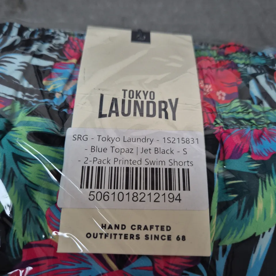 TOKYO LAUNDRY 2-PACK PRINTED SWIM SHORTS - BLUE TOPAZ & JET BLACK - SIZE S - MEN