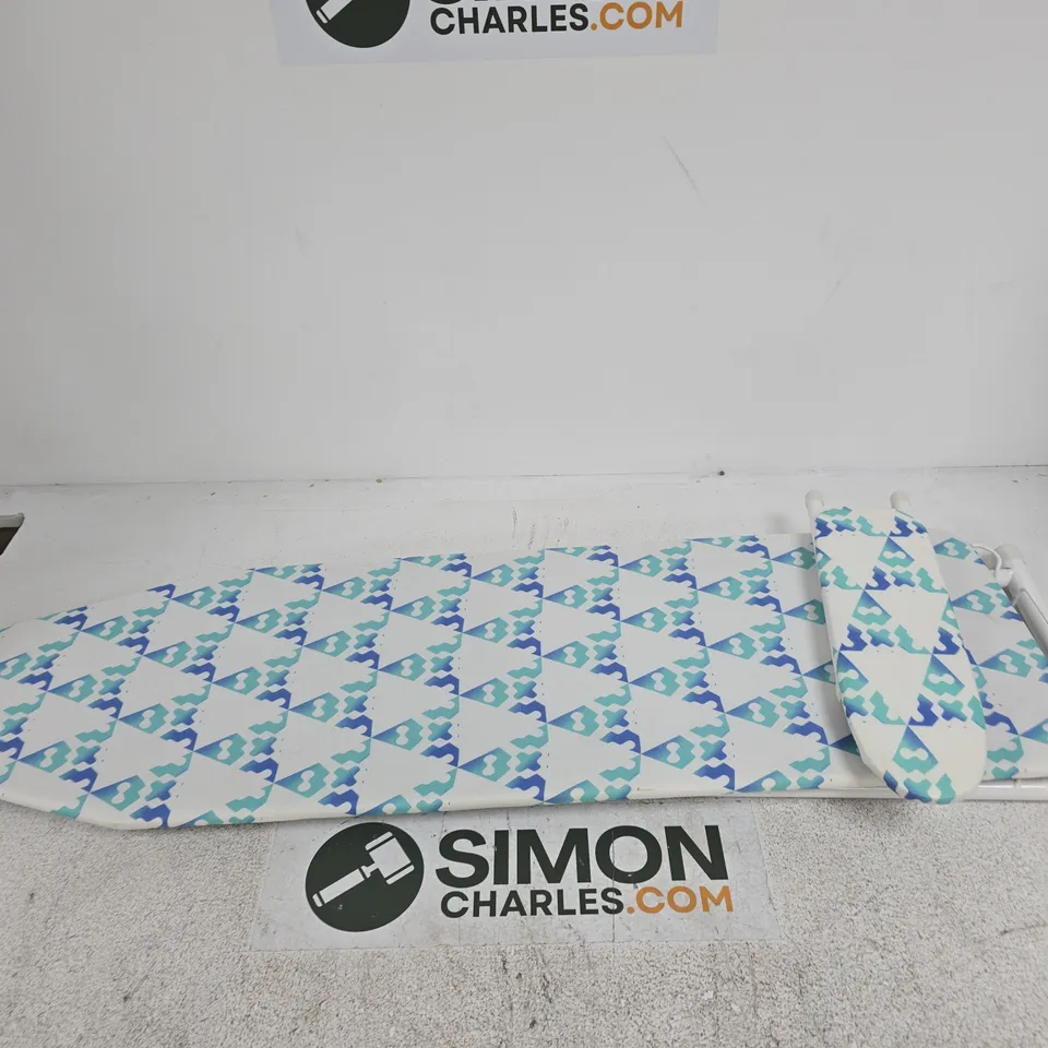 IRONING BOARD WITH TEAL/BLUE GEOMETRIC COVER