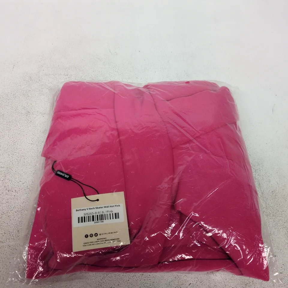 BETHANY V-NECK SKATER MIDI DRESS – HOT PINK, UK 8