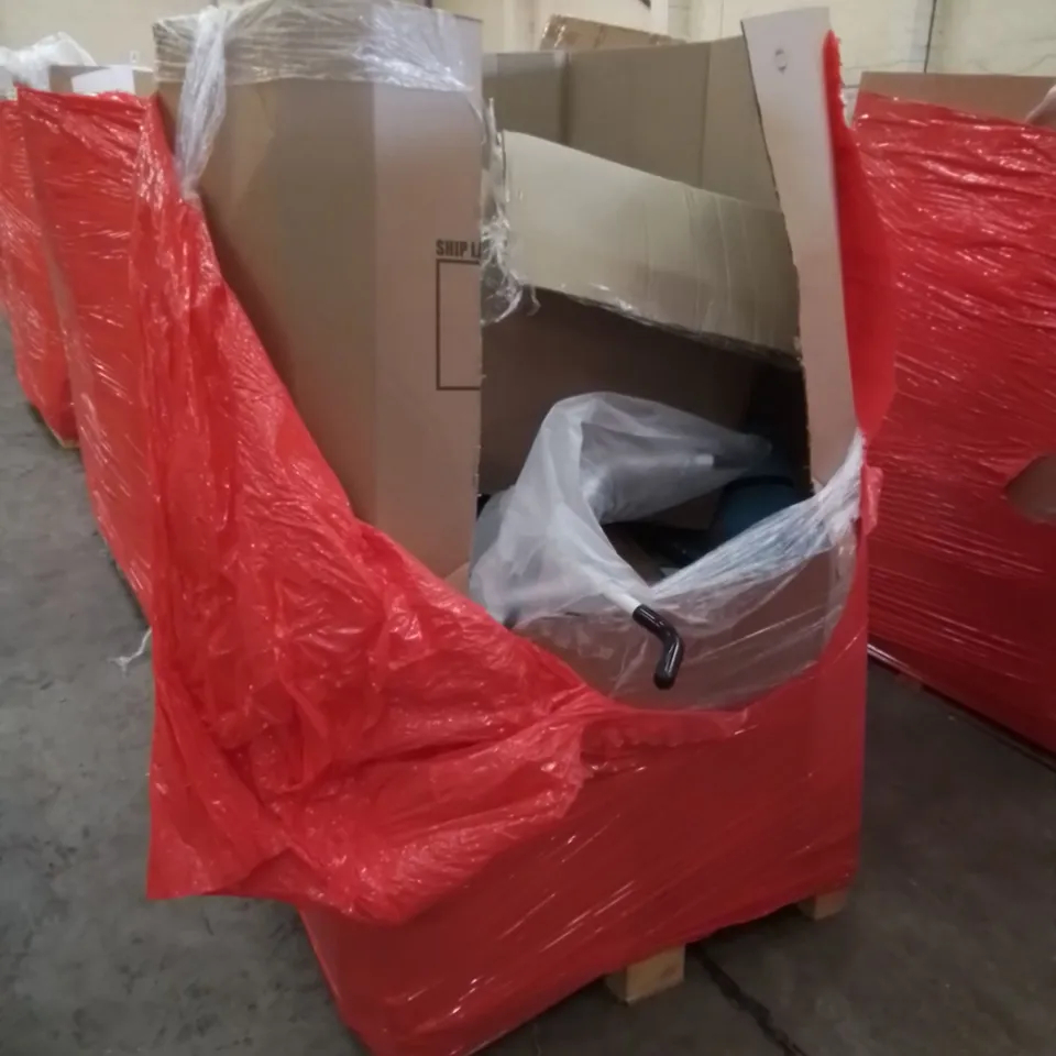 PALLET CONTAINING ASSORTED HOUSEHOLD PRODUCTS. INCLUDES GOOSEHILL INFLATABLE PADDLE BOARD WITH CARRY BAG, KIDS TENTS, MONITOR, BEDSIDE COMMODE, PLASTIC WEIGHTS RACK ETC 