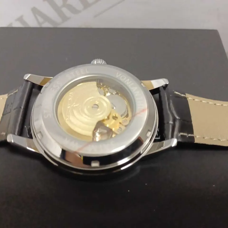 MENS VONLANTHEN AUTOMATIC WATCH – SILVER AND BLUE TEXTURED DIAL - GLASS EXHIBITION BACKCASE – BLACK LEATHER STRAP