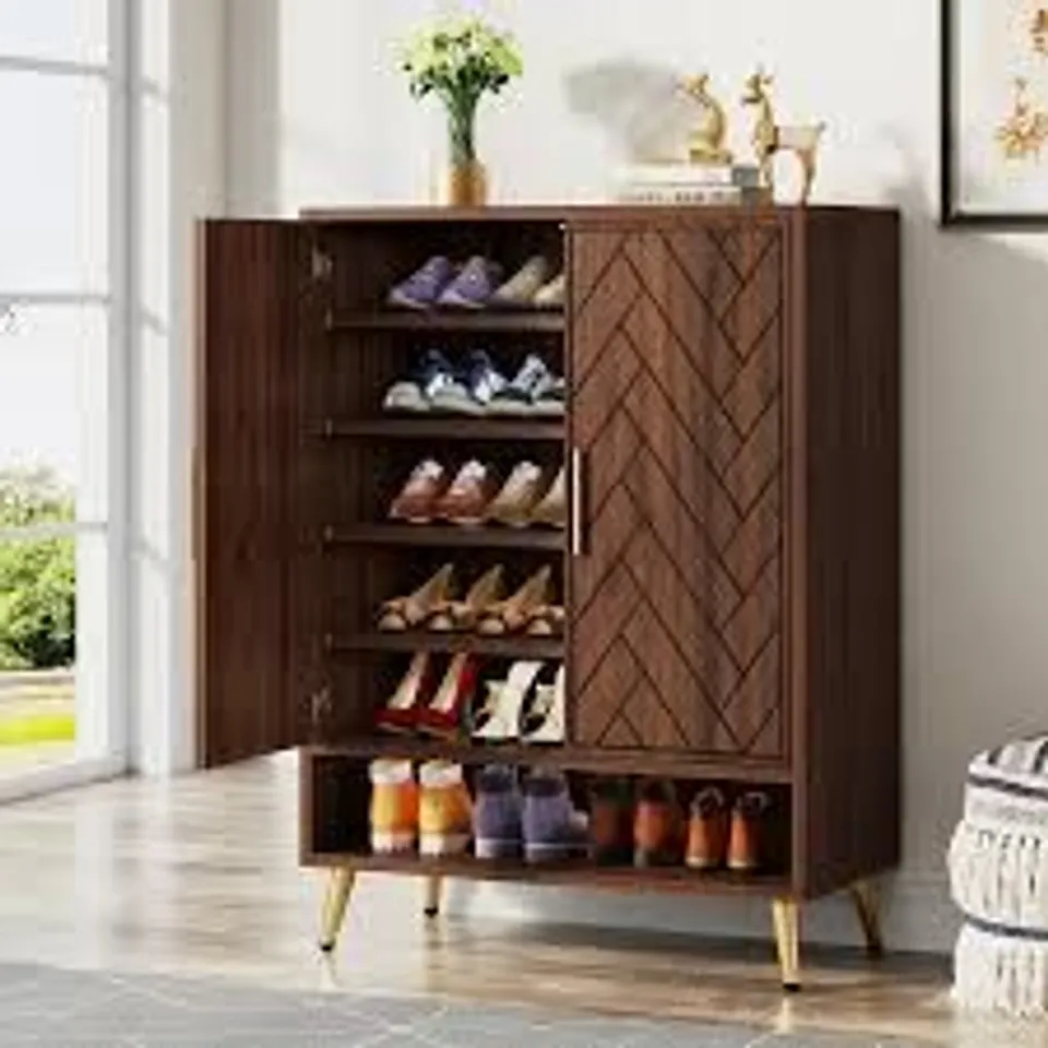 BOXED TRIBESIGNS WOODEN SHOE CABINET, 6-TIER SHOE ORGANIZER WITH ADJUSTABLE SHELVES - DARK WALNUT (1 BOX)