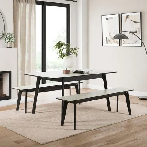 BOXED ZURI II 6 SEATER DINING TABLE AND BENCH SET, CONCRETE EFFECT (2 BOXES)