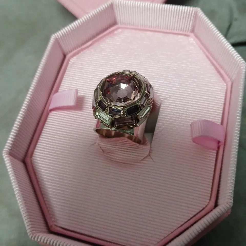 BOXED SWAROVSKI PINK GEMSTONE STATEMENT RING WITH BAGUETTE CRYSTALS