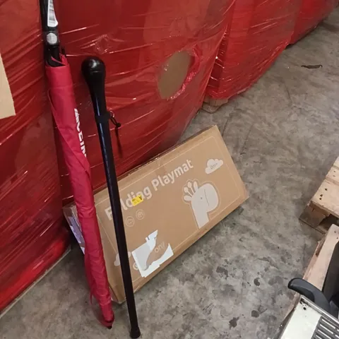PALLET OF ASSORTED ITEMS INCLUDING - UMBRELLA, PLAYMAT, WALKING STICK