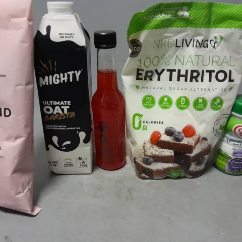 TOTE OF APPROXIMATELY 9 ASSORTED FOOD ITEMS TO INCLUDE - MIGHTY OAT BARISTA , COW & GATE FOLLOW ON MILK , GRIND HOUSE BLEND ETC