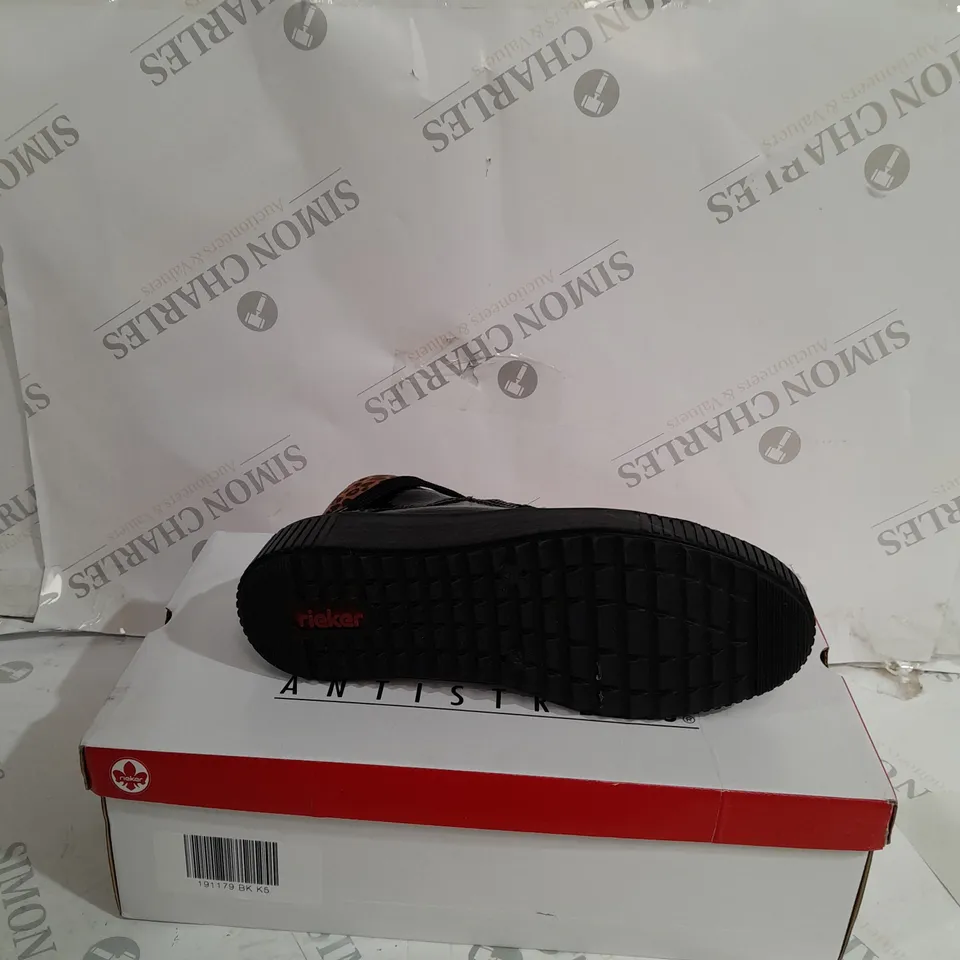 BOXED PAIR OF RIEKER BROWN HIGH TOP LEOPARD CUFF TRAINERS BLACK - SIZE 5 