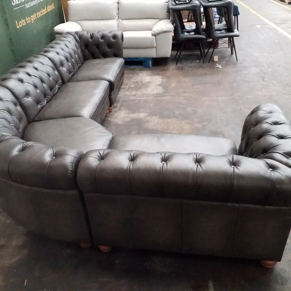 QUALITY DESIGNER DARK GREY FAUX LEATHER BUTTON BACK CORNER SOFA  (4 PARTS)