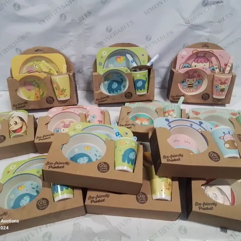 12 SETS OF CHILDREN'S ECO FRIENDLY PLATE, BOWL, CUP AND CUTLERY SETS.