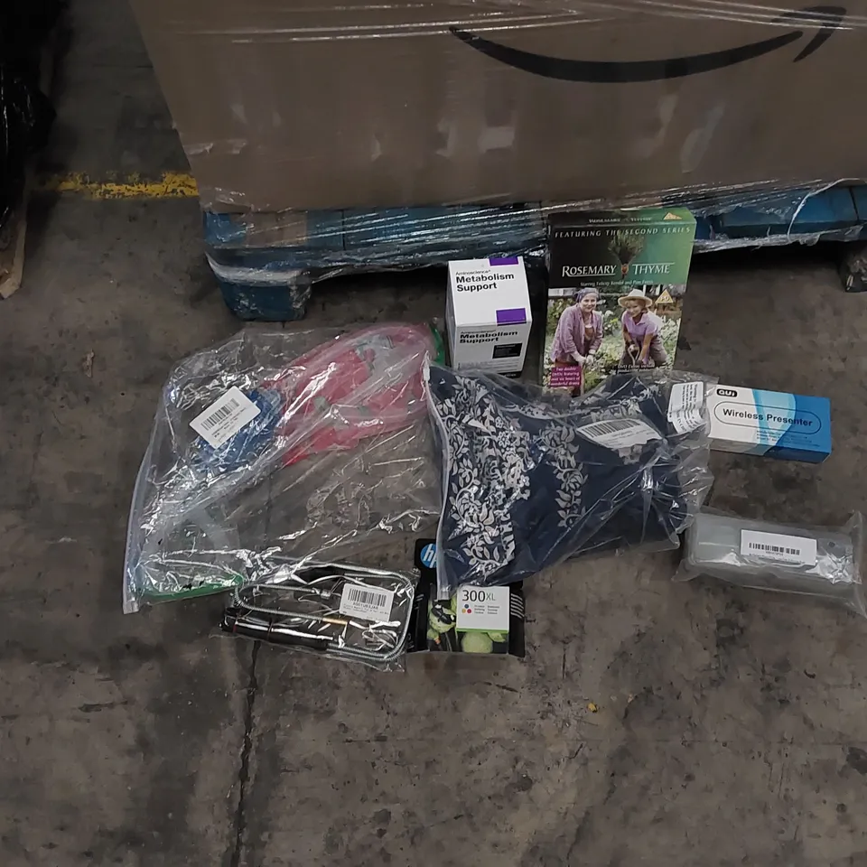 PALLET OF ASSORTED ITEMS INCLUDING: AQUARIUM CLEANING KIT, VITAMINS, MAGNETIC PICK UP TOOL, WOMEN'S CLOTHING, DVD SET, PRESENTATION CLICKERS