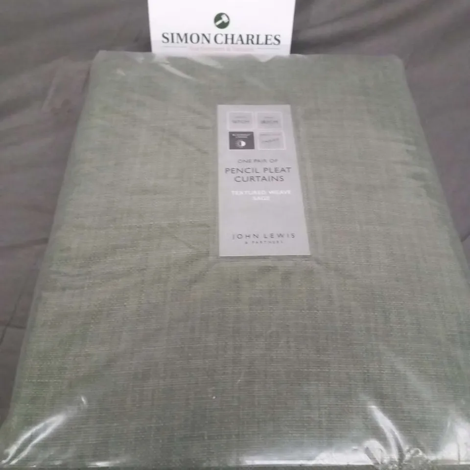 BAGGED JOHN LEWIS ONE PAIR OF PENCIL PLEAT CURTAINS TEXTURED WEAVE SAGE 167CM WIDTH 182CM DROP