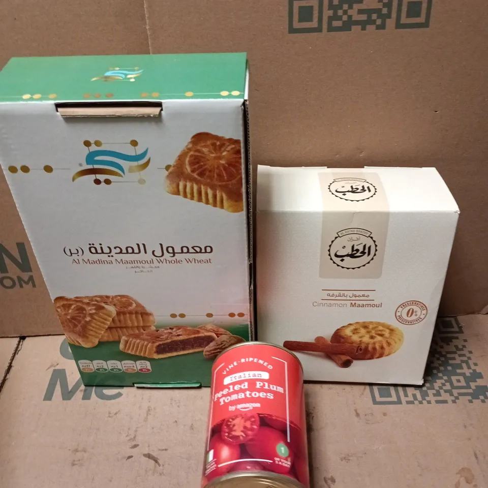 APPROXIMATELY 8 ASSORTED FOOD/DRINK PRODUCTS TO INCLUDE CINNAMON, MAAMOUL BISCUITS, PLUM TOMATOES ETC 