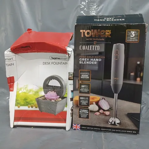 BOX OF APPROXIMATELY 10 ASSORTED HOUSEHOLD ITEMS TO INCLUDE HAND BLENDER, DESK FOUNTAIN, ETC