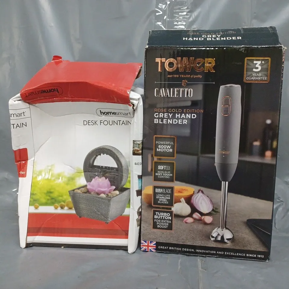 BOX OF APPROXIMATELY 10 ASSORTED HOUSEHOLD ITEMS TO INCLUDE HAND BLENDER, DESK FOUNTAIN, ETC
