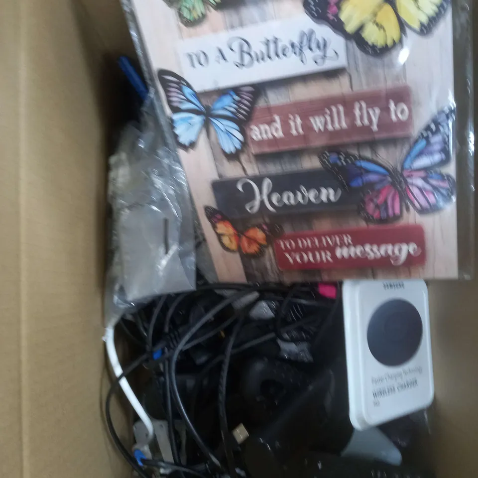 BOX OF APPROXIMATELY 20 ASSORTED COSMETIC ITEMS TO INCLUDE - WIRELESS CHARGER, SKY REMOTE, CRYSTALS ETC