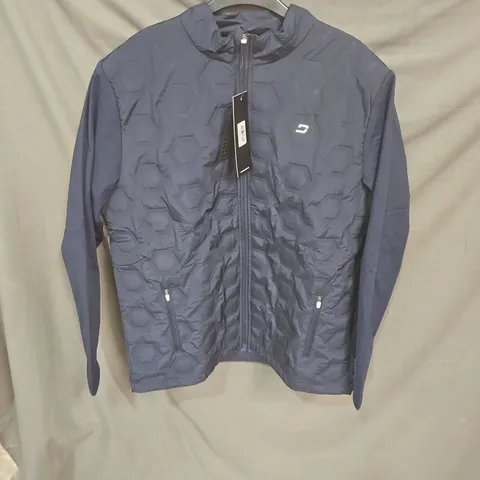 NAVY HEX-PATTERN QUILTED JACKET, ZIP-FRONT, SIZE L