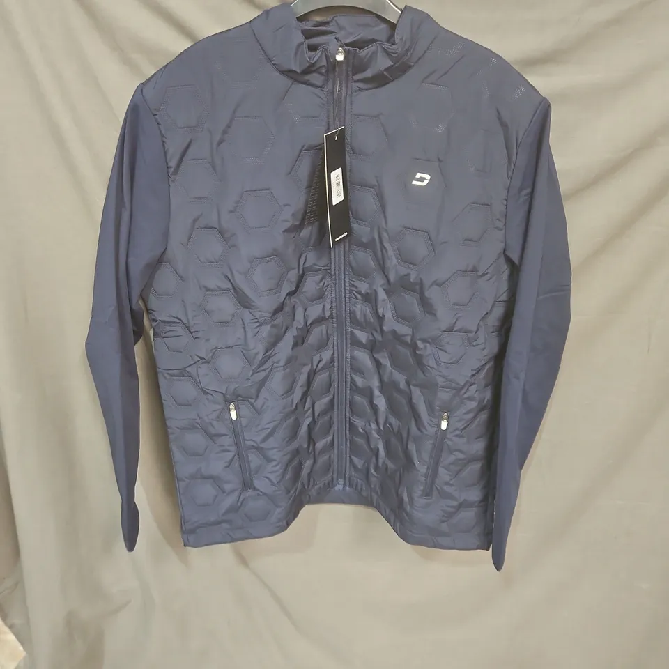 NAVY HEX-PATTERN QUILTED JACKET, ZIP-FRONT, SIZE L