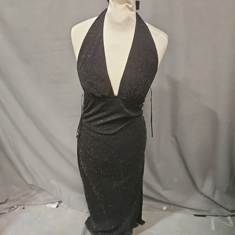BERSHKA BLACK GLITTER HALTER-NECK MAXI DRESS SIZE M