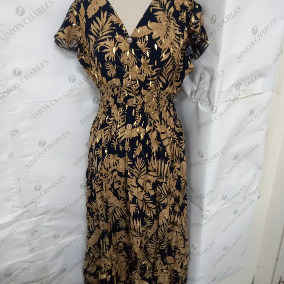 LEANA MODE CALYPSO FRILLY SLEEVE LEAF PRINT DRESS IN NAVY AND GOLD SIZE 4