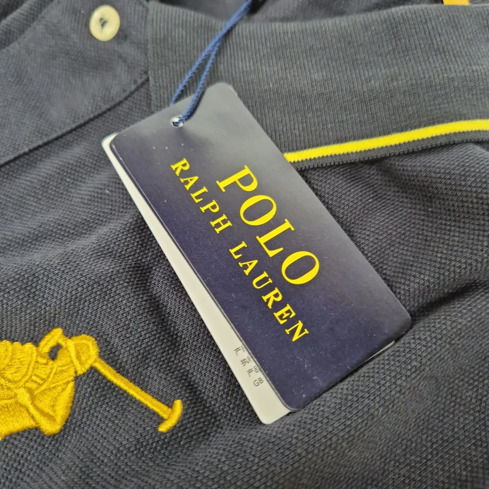POLO RALPH LAUREN POLO SHIRT – NAVY WITH YELLOW SLEEVES, CUSTOM SLIM FIT, UK S (BACK '3' DESIGN)