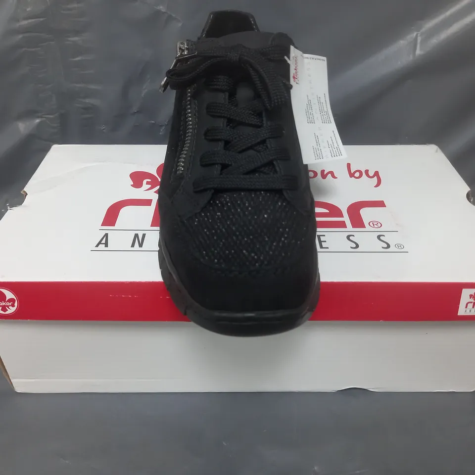 BOXED PAIR OF RIEKER WEDGE TRAINERS IN BLACK SIZE 6