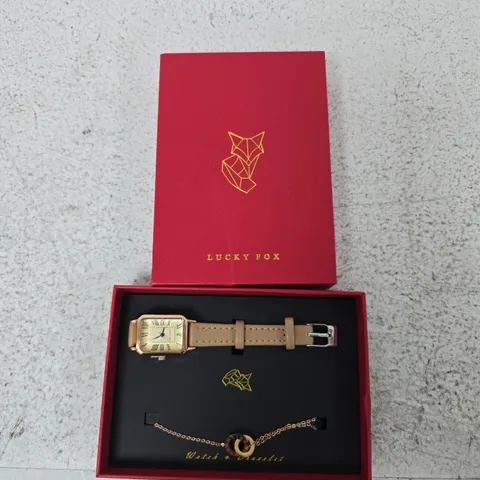 LUCKY FOX LADIES' WATCH WITH TAN LEATHER STRAP – RED PRESENTATION BOX
