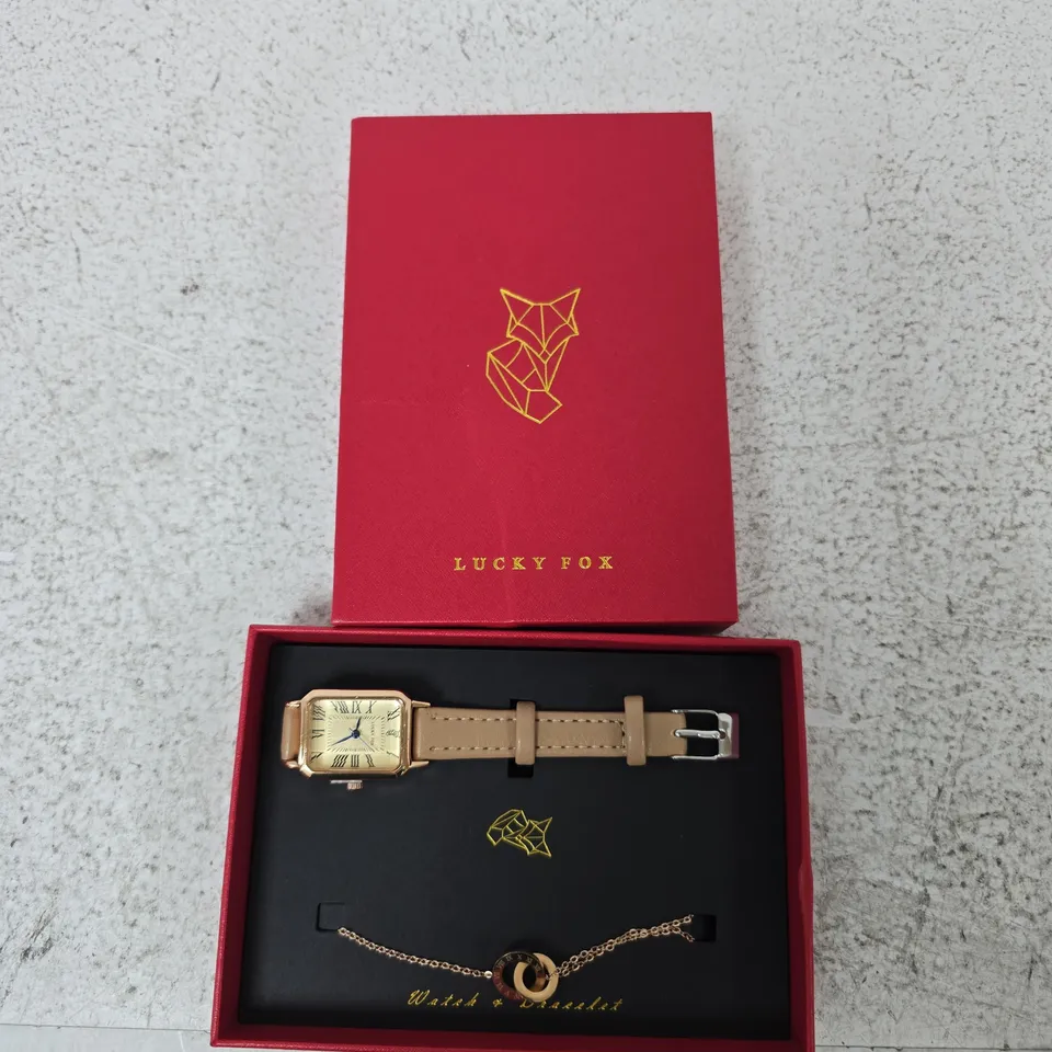 LUCKY FOX LADIES' WATCH WITH TAN LEATHER STRAP – RED PRESENTATION BOX