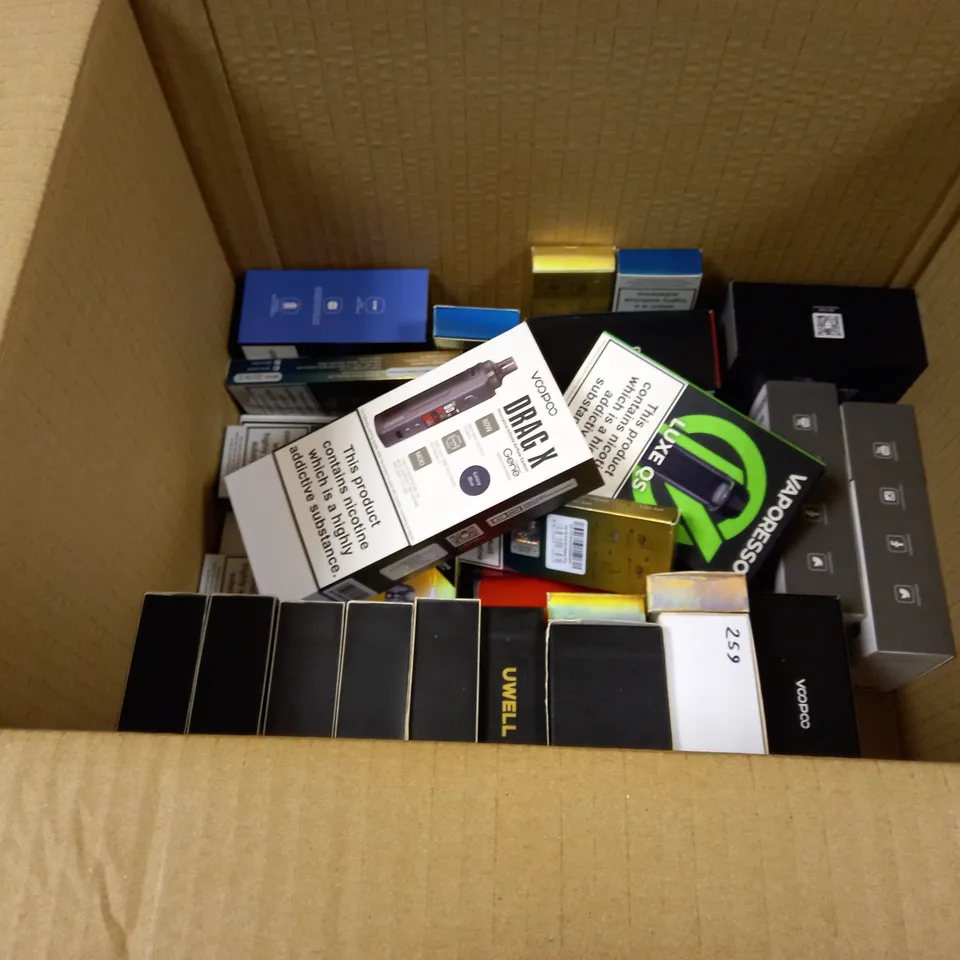 BOX OF APPROXMATELY 30 E-CIGARETTES AND LIQUIDS TO INCLUDE OXVA XLIM SE, VAPORESSO LUXE QS, VOOPOO DRAG X, ETC