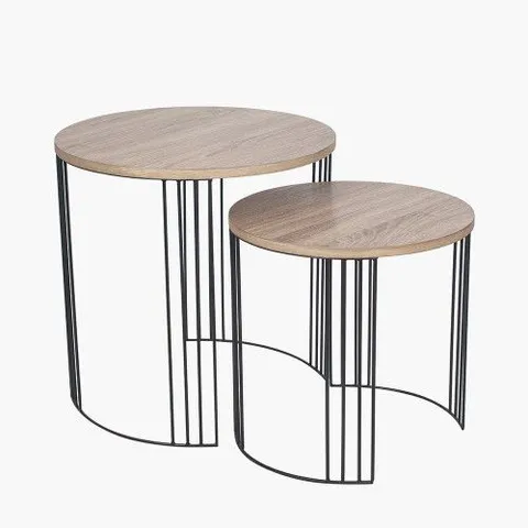 BOXED ATRI S/2 DARK OAK WOOD VENEER AND BLACK METAL SIDE TABLES (1 BOX)