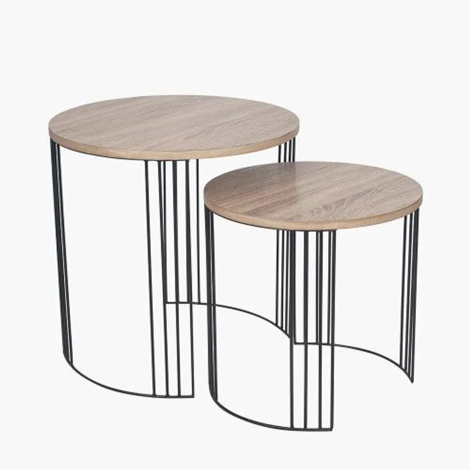 BOXED ATRI S/2 DARK OAK WOOD VENEER AND BLACK METAL SIDE TABLES (1 BOX)