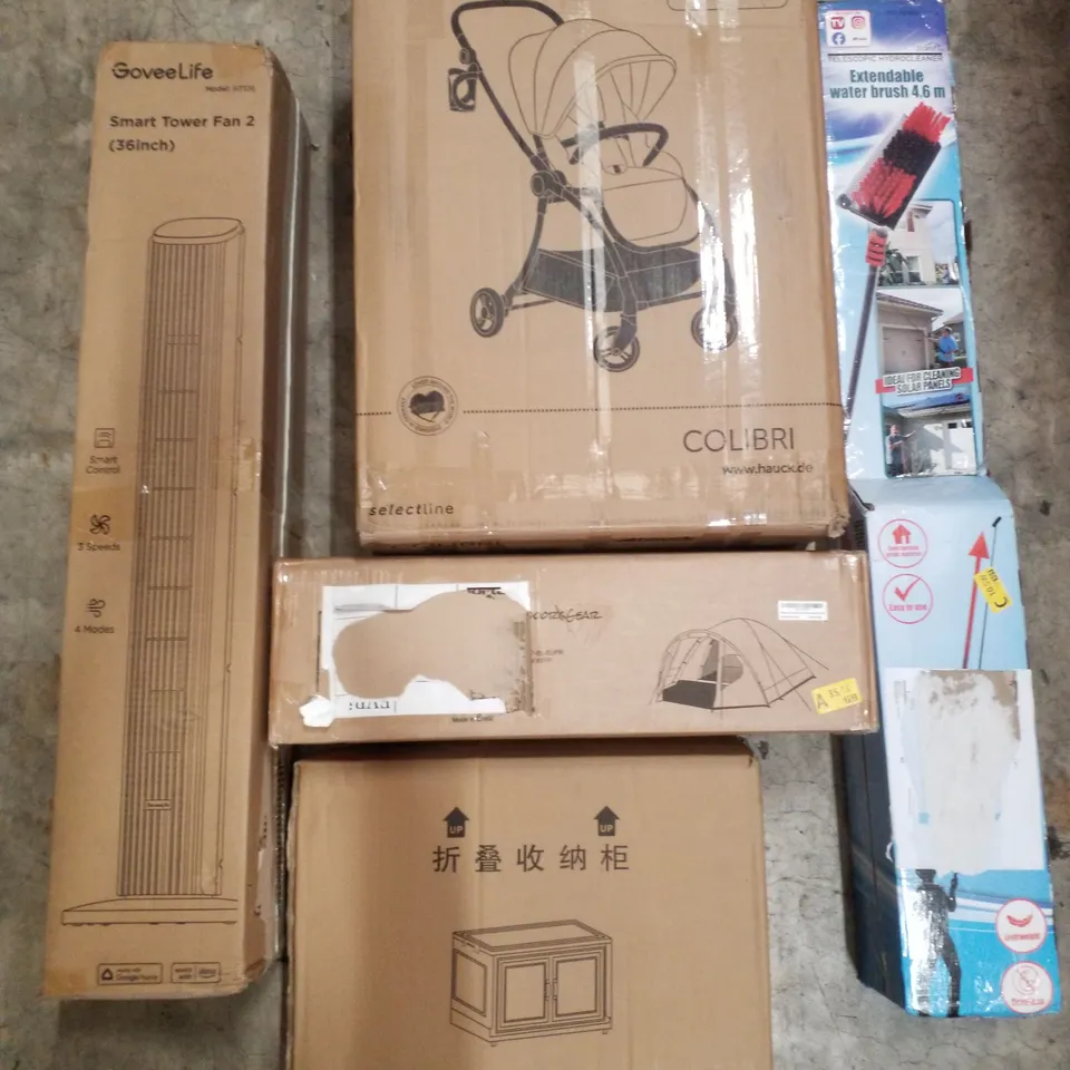 PALLET CONTAINING VARIOUS ASSORTED BOXED HOUSEHOLD ITEMS TO INCLUDE: SMART TOWER FAN,STORAGE BOX, HAUCK STROLLER, TENT, EXTENDABLE WATER BRUSH 4.6M AND LOTS MORE UNMARKED BOXED ITEMS 