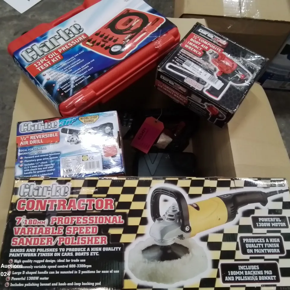 BOX CONTAINING MIXED TOOLS TO INCLUDE: PROFESSIONAL SANDER/POLISHER, REVERSIBLE AIR DRILL, 1/2" COMPOSITE BODY AIR IMPACT WRENCH, 12PC OIL PRESSURE TESTING KIT ETC.