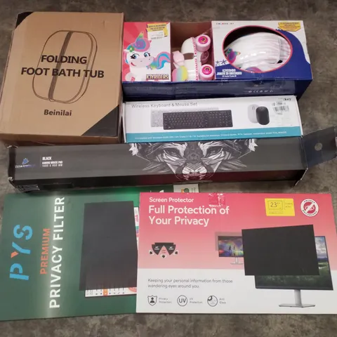 PALLET CONTAINING ASSORTED PRODUCTS INCLUDING FOLDING FOOT BATH TUB, KIDS ROLLERSKATES, WIRELESS KEYBOARD, GAMING MOUSE PAD & PRIVACY FILTER