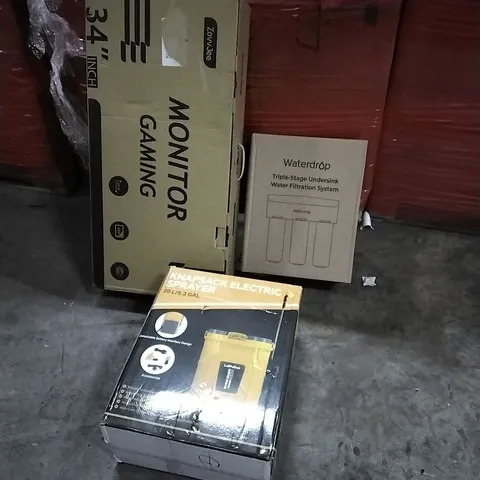 PALLET OF HOUSEHOLD ITEMS TO INCLUDE MONITOR GAMING, WATERDROP FILTRATION SYSTEM, KNAPSACK ELECTRIC SPRAYER AND OTHER ASSORTED ITEMS...