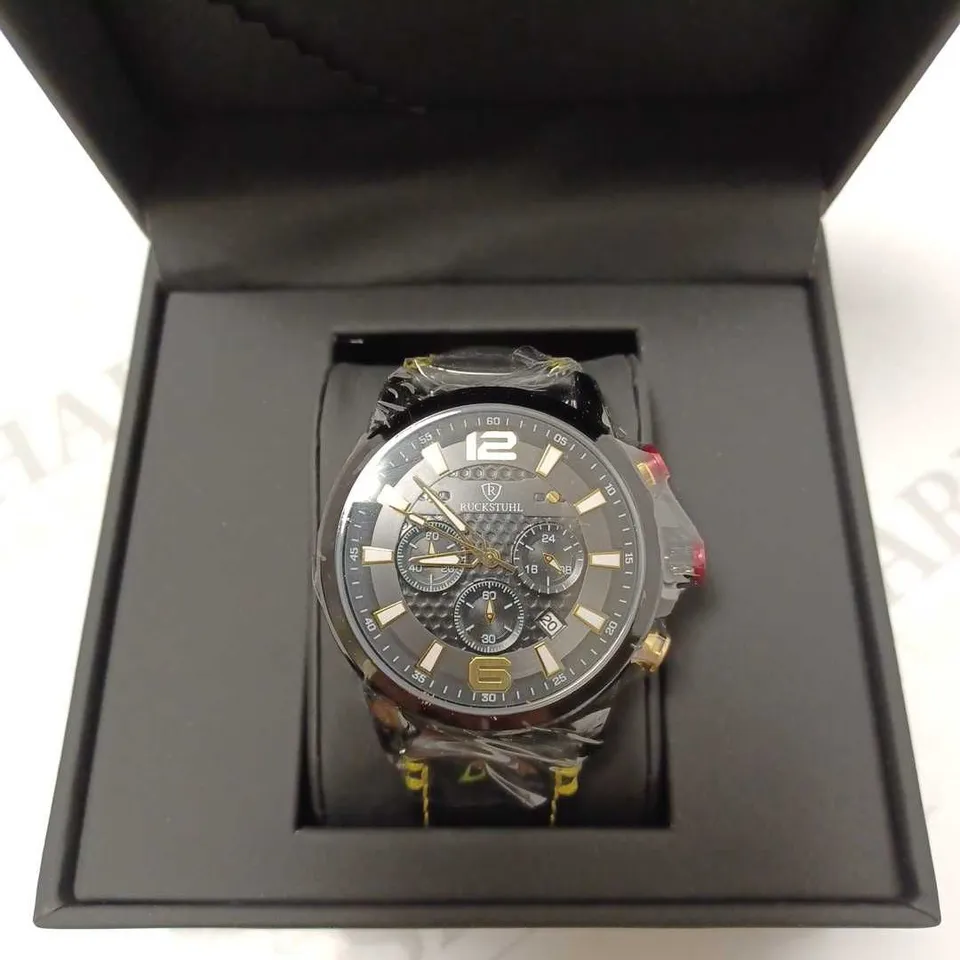 RUCKSTUHL BLACK TRIPLE DIAL LEATHER STRAP WRISTWATCH