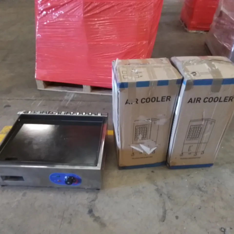 PALLET CONTAINING ASSORTED HOUSEHOLD & HOME IMPROVEMENT PRODUCTS. INCLUDES KITCHEN APPLIANCE, AIR COOLERS, DESK, OFFICE CHAIR ETC