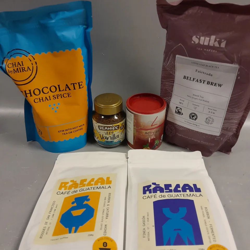 APPROXIMATELY 10 ASSORTED FOOD & DRINK PRODUCTS TO INCLUDE CHOCOLATE CHAI SPICE, RASCAL COFFEE, SUKI TEA ETC 