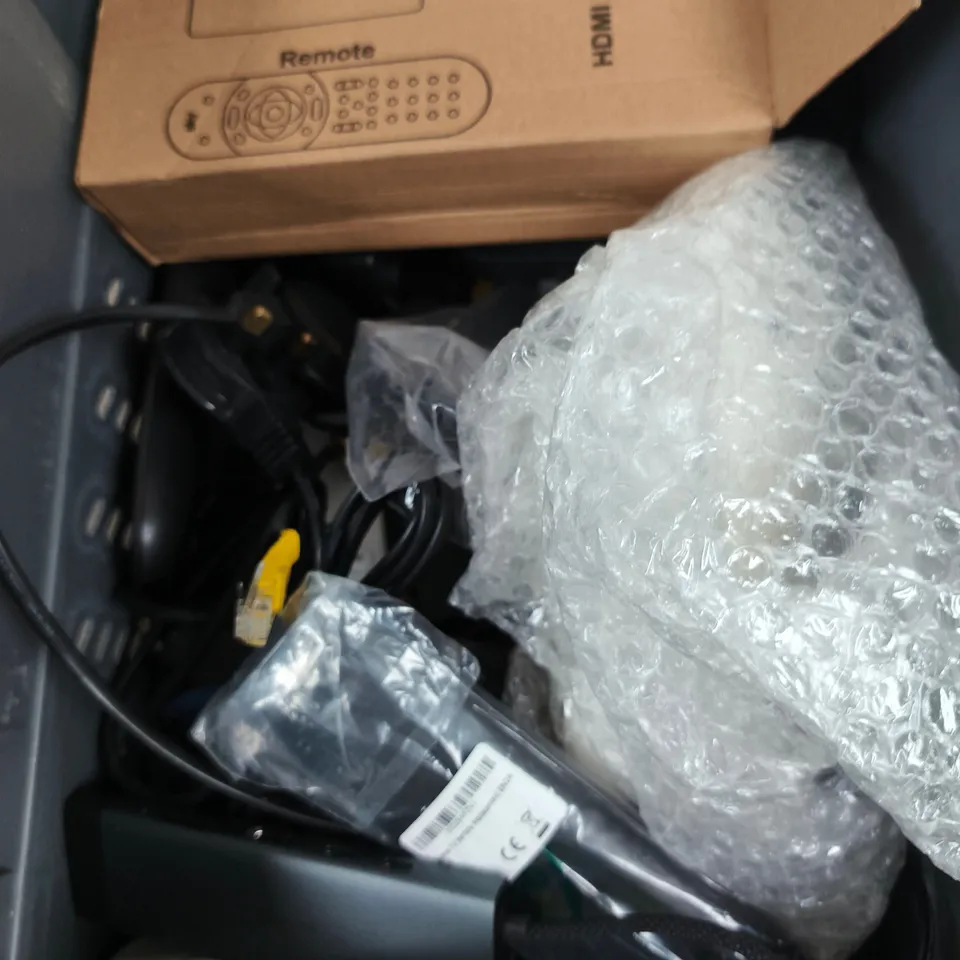 APPROXIMATELY 10 ASSORTED ELECTRICAL PRODUCTS TO INCLUDE ROUTER, REPLACEMENT REMOTES, NETWORK CABLES ETC