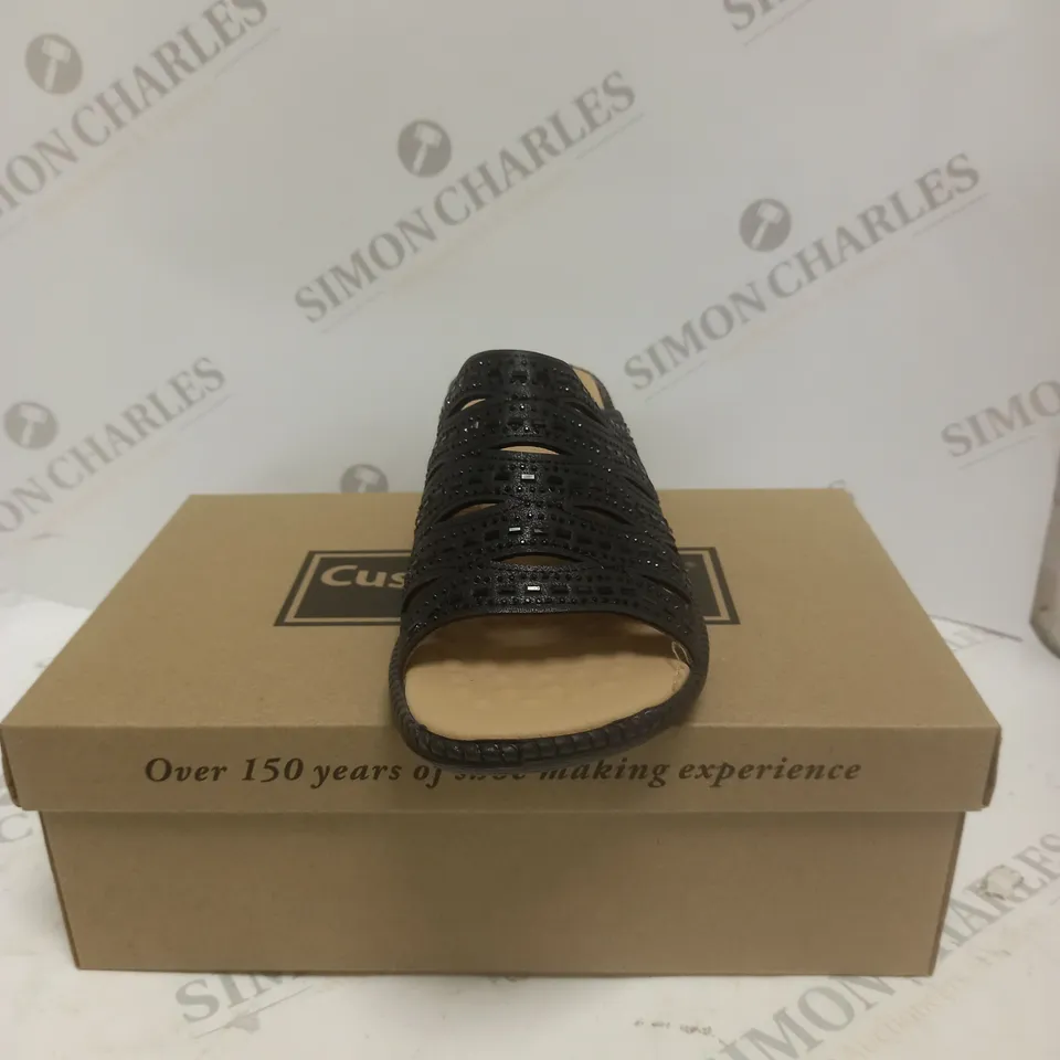 BOXED PAIR OF CUSHION WALK BLACK WEDGE SANDALS - SIZE 5