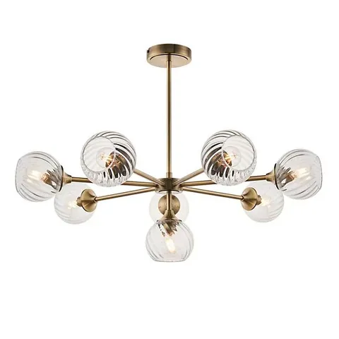 BOXED LUMINOSA ALLEGRA 8 LIGHT MULTI ARM GLASS SHADE CEILING PENDANT ANTIQUE BRASS